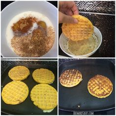 the process of making homemade waffles is shown in four different pictures, including one being fried