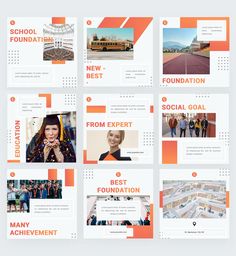 an orange and white brochure with images of people in the background, including school buses