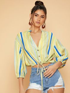 Multicolor Casual  Three Quarter Length Sleeve Polyester Striped Shirt Embellished Non-Stretch Summer Women Tops, Blouses & Tee Women Blouses, Western Dresses, Striped Blouse, Women Tops, Striped Shirt, Three Quarter, Summer Women, Kimono Top, Blouses For Women