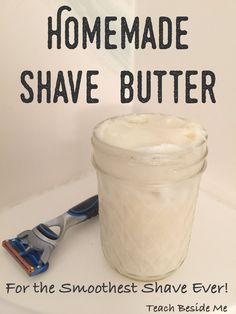 a jar of homemade shave butter next to a razor blade