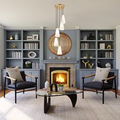 a living room filled with furniture and a fire place in the middle of a room