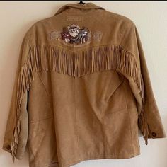 Fits Oversized 100% Leather Tags Western Fall Fringe Looney Toons From Non Smoking Home Vintage Winter Leather Jacket With Fringe, Fall Fringe, Vintage Fringed Winter Outerwear, Leather Fringe Jacket, Vintage Suede Long Sleeve Outerwear, Vintage Brown Fringe Outerwear, Western Leather Fringe Outerwear, Leather Tags, Fringe Leather Jacket