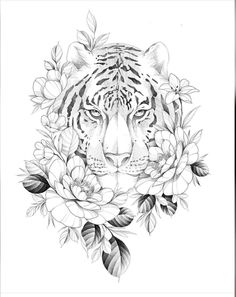 a drawing of a tiger surrounded by flowers