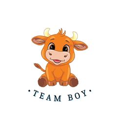 a brown cow sitting down with the words team boy on it's chest and smiling