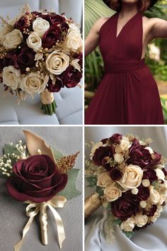 four different pictures show the same bride's bouquet, including roses and other flowers