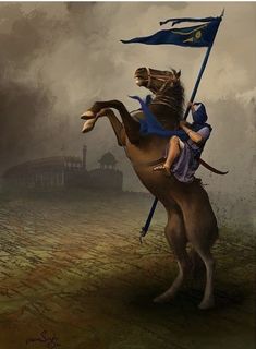 a painting of a man riding on the back of a horse holding a blue flag