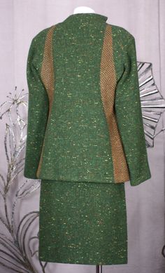 Geoffrey Beene Green Tweed Ensemble 5 Fitted Tweed Jacket For Party, Fitted Tweed Party Jacket, Spring Wool Tweed Fitted Dress, Spring Wool Tweed Dress, Spring Wool Tweed Dress Fitted, Spring Fitted Wool Tweed Dress, Elegant Fitted Green Tweed Dress, Fitted Green Tweed Dress For Fall, Formal Tweed Fitted Skirt Suit