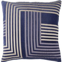 a blue and white striped pillow on a white background, with an abstract design in the middle