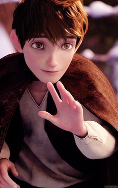 an animated image of a young boy with his hand up in the air and wearing a cloak