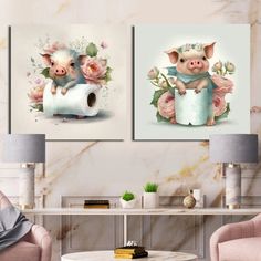 two pigs are sitting on toilet paper and one pig is holding a roll of toilet paper