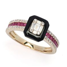 Step into the style spotlight with this mesmerizing 0.92 carat Galerie de Bijoux ring. You'll love the gorgeous color and dazzling sparkle on your finger! It's perfect for any time wear - it will effortlessly dress up any ensemble. It showcases baguette and round diamonds within a black onyx frame. There's also vibrant color on the band with 16 princess-cut rubies that are channel-set within a diamond frame. The exquisite piece is finely crafted in 14K yellow gold with a bright polished finish. Diamond Frame, All Gems, Colorless Diamond, Ruby Ring, Quality Diamonds, 10k Gold, Black Onyx, Round Diamonds, Colored Diamonds