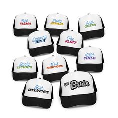 These girls trip hats are fun and flirty hats and perfect for your next girls weekend, girls trip or outing. Featuring 9 funny and beautifully embroidered sayings and also a style for the Bride in case you need these for your upcoming bachelorette party! Super fun to wear before, during and after the shenanigans.  Which one are you? The Bad Influence, Booty Licious, Dancing Diva, Hot Mama, Miss Chievous, Party Animal, Shot Queen, The Flirt or the Wild Child? 🤔 Stand out from the crowd with this trendy foam trucker hat! This head accessory is made with high-quality polyester and foam that guarantees a premium look and feel. The foam trucker hat has an adjustable snap that ensures a comfortable fit, and the mesh back provides great breathability. The matching color braid gives the hat an ex Bachelorette Trucker Hats, Bachelorette Party Funny, Bachelorette Hats, Girls Weekend Gifts, Funny Bachelorette, Gift Bachelorette Party, Funny Girls, Girls Weekend, Girl Gang