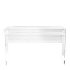 an acrylic table with clear legs and a white top on a white background