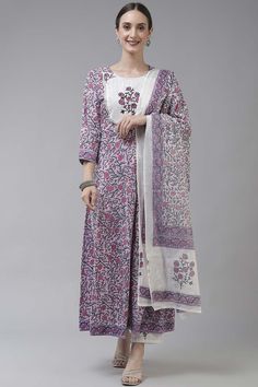 Lavender And White Kantha Work Floral Print Kurta with Trousers with dupatta Kurta design: Hand Work On Yoke Anarkali shape Regular style Round Neck, three-quarter regular sleeves sequin detail Long length with flared hem Cotton machine weave fabric Trousers design: Floral Print 1 pocket Trousers Elasticated waistband Slip-on closure Material & Care 100% Cotton, hand Wash Product Features: Top Color: Lavender Bottom Color: Cotton Top Fabric: Pure Cotton Bottom Fabric: Cotton Work: Hand And Kanth Anarkali Tops, Sequin Pant, Purple Bottom, Designer Anarkali Suits, Kurta Style, Designer Anarkali, White Suit, Cotton Dupatta, Match 3