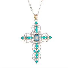 This Cross Is Gorgeous! The Turquoise In The Sun Shines Beautifully! If You Like Christian Jewelry This Necklace Is For You! Elegant Turquoise Cross Jewelry, Spiritual Turquoise Necklace With Cross Pendant Gift, Turquoise Cross Pendant Necklace For Gift, Spiritual Turquoise Cross Necklace For Gift, Turquoise And Silver Cross Necklace, Blue Bohemian Necklace With Cross Pendant, Bohemian Blue Cross Jewelry, Bohemian Blue Cross Pendant Necklace, Spiritual Turquoise Cross Necklace