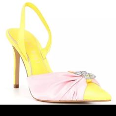 Gianni Bini Michah Satin Heart Embellished Slingback Size 6 Yellow Slingback Pumps For Party, Chic Yellow Slingback Pumps For Party, Yellow Open Toe Slingback Pumps For Party, Yellow Slingback Heels For Party, Yellow Slingback Pumps With Heel Strap For Party, Yellow Ankle Strap Slingback Pumps For Party, Yellow Slingback Pumps For Spring Evening, Yellow Open Toe Slingback Pumps For Evening, Yellow Slingback Pumps For Summer Formal