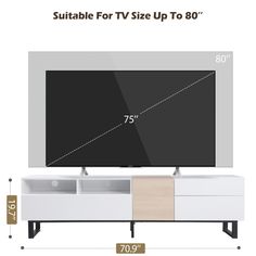 the tv stand is shown with measurements for it's size and features an adjustable shelf