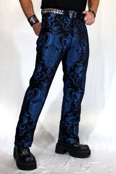 "Awesome bohemian rocker pants with a classic straight leg cut for special occasions or every day. Made in rich blue/black tapestry fabric with a medium rise waist and wide belt loops. Two front pockets and two back pockets with a zip fly. Black satin pocket lining inside. These run long.. have them hemmed if necessary. Comes in sizes 30,32,34,36,38,40. Sweeeet! Actual measurements: Size 30 = Waist 31.5\" Inseam Length 34.5\" Size 32 = Waist 33\" Inseam Length 34.5\" Size 34 = Waist 35\" Inseam Tapestry Pants, Black Tapestry, Gothic Pants, Gothic Costume, Burning Man Fashion, Tapestry Fabric, Pants Blue, Wide Belt, Costume Outfits