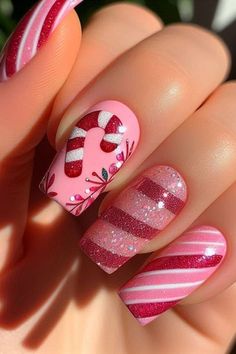 Pink Red And Green Christmas Nails, Christmas Nails Acrylic Squoval, Christmas Nails Pink And Red, Candy Cane Nails Pink, Cute Christmas Nails Square, Cute Holiday Nails Winter, Christmas Nail Designs Acrylic Short, Christmas Nail Color Ideas, Christmas Nail Simple