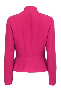 Bring the heat to the boardroom in this fiercely feminine Tahari blazer. Perfect for the fashion-forward boss babe, this hot pink piece features padded shoulders with princess seams and a peplum style back. Pair with a pencil skirt and pumps to look pretty (and polished) in pink at the office! 100% Polyester Lined Hook & eye closure at neck Princess seam design Peplum style back Bust 35" Waist 32" Shoulder to hem 22.5" Shoulder to shoulder 15.25" Sleeve length 24.5" Fitted Pink Outerwear With Notch Lapel, Pink Fitted Outerwear With Notch Lapel, Chic Fitted Pink Blazer, Spring Fitted Outerwear With Structured Shoulders, Spring Outerwear With Structured Shoulders, Spring Fitted Blazer With Structured Shoulders, Spring Blazer With Structured Shoulders And Fitted Cut, Fitted Blazer With Padded Shoulders For Work, Fitted Outerwear With Padded Shoulders For Work