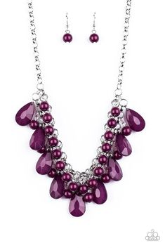 Rows of shiny plum beads and glassy faceted purple teardrops cascade from rows of interlocking silver chains, creating a flirtatious fringe below the collar. Features an adjustable clasp closure. Sold as one individual necklace. Includes one pair of matching earrings. Mobile Boutique, Purple Necklace, Silver Chains, Paparazzi Accessories, Exclusive Jewelry, Plum Purple, Paparazzi Jewelry, Necklace Earring Set, Faceted Bead