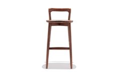 a wooden bar stool with a seat on the bottom and back, against a white background