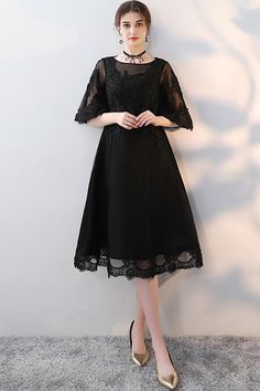 Shop Black Knee Length Homecoming Party Dress with Sheer Sleeves online. All instock with free shipping. Pro since 2009. Black Midi Dress For Wedding And Prom Season, Knee-length Evening Dress For Banquet, Black Lace Evening Dress For Banquet, Formal Lace Tea Length Dress, Formal Lace Tea-length Dress, Black Midi Evening Dress For Banquet, A-line Lace Evening Dress, Black A-line Lace Dress For Cocktail, A-line Lace Dress For Evening Prom Season