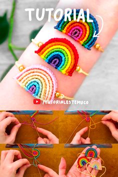 Imágenes con el tejido de una pulsera con un arcoíris en el centro y mostacillas, se comparte el tutorial paso a paso. Skye Paw Patrol Cake, Diy Macrame Tutorial, Macrame Bracelet Tutorial, Rainbow Macrame, Paracord Knots, Paw Patrol Cake, Diy Rainbow, Bracelets Handmade Diy, Rainbow Jewelry