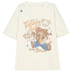 Add a touch of adorable charm to your wardrobe with our cute teddy print milk yellow round-neck T-shirt. This delightful tee features a sweet teddy bear print that exudes kawaii vibes, while the soft milk-yellow color adds a playful and cheerful touch to any outfit. Made from high-quality, comfortable fabric, this T-shirt is perfect for casual outings, lounging at home, or adding a cute twist to your everyday look.   Please note that this product includes only one T-shirt. Garment Size SizeSMLFu Mori Girl Aesthetic, Teddy Bear Print, Hat Aesthetic, Kawaii Bags, Sweet Clothes, Cute Teddy, Beige Style, Fleece Coat, Bear Print