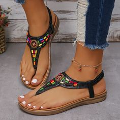 Clip Toe Gladiator Bohemia Sandals Casual Open Toe T-strap Sandals For Festival, Casual T-strap Sandals With Round Toe For Festival, Black Toe Post Sandals For Festival, Casual Toe Strap Sandals For Festival, Heels Colorful, Colorful Sandals, Flip Flops Women, Flat Heels, Colored Sandals