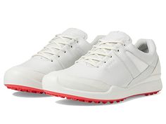 ECCO Golf Biom Golf Hybrid Hydromax Golf Shoes - Women's Shoes : White/White Cow Leather/Synthetic : Leather sourced from a tannery that achieved a Gold Rating from the Leather Working Group (LWG). Sleek, understated and fashioned from a fresh mix of durable ECCO leather and premium textiles, the ECCO W GOLF BIOM HYBRID offers contemporary street style for on and off the course. In wet weather, the water-repellent ECCO HYDROMAX technology will help to keep your foot dry. Engineered with BIOM NAT White Cow, Womens Golf Shoes, Sneakers Athletic, Shoes White, Golf Shoes, Ladies Golf, White White, Leather Working, Cow Leather