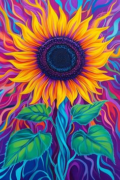 a painting of a sunflower on a purple background