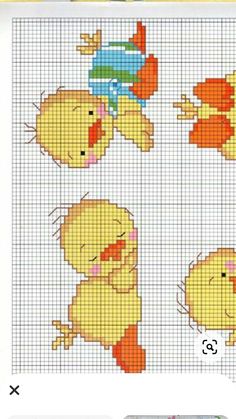 a cross stitch pattern with four chicks on it