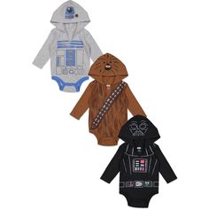 three star wars onesuits are shown in different colors and sizes, including one with a