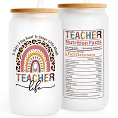 a white jar with a label on it that says teacher and has a rainbow in the middle