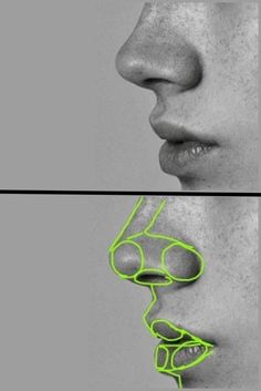 two images of a woman's face with green glasses on her nose, and the same image of a woman's profile