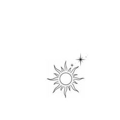 a black and white drawing of a sun with stars in the sky on a white background