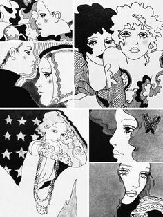 four different black and white images of women with stars on them, one woman's face