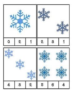 four different snowflakes are shown in blue and white