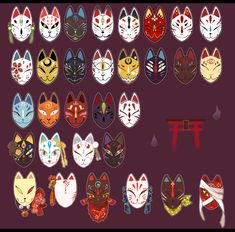 a group of cats with different colors and designs on their faces are shown in the shape of masks