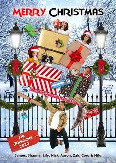 a boy is holding presents in front of a fence with the words merry christmas on it