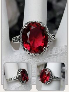 Simulated Ruby Edward Design#70 (10x12 version) Custom Made Here we have an Edwardian reproduction ring in sterling silver filigree with a 5ct Red/Pink simulated ruby gemstone solitaire. The faceted oval gemstone gem is 12mm in length and 10mm in width. This ring also sits 7mm off the finger. The inside of the band is marked 925 for sterling silver. Notice the beautiful leaf design of the silver filigree setting and etched band. This is a lovely rendition of an Antique filigree ring; and it is r Silver Ruby Rings For Collectors, Collectible Oval Ruby Ring In Silver, Vintage Sterling Silver Ruby Ring For Formal Occasion, Sterling Silver Ruby Ring With Diamond Cut, Sterling Silver Ruby Ring With Intricate Design For Anniversary, Anniversary Sterling Silver Ruby Ring With Intricate Design, Engraved Sterling Silver Ruby Ring, Anniversary Ruby Ring With Intricate Design In Sterling Silver, Ornate Sterling Silver Ruby Ring