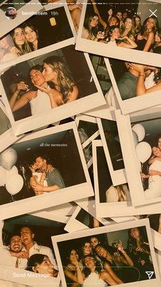 a bunch of polaroid pictures are stacked on top of each other with balloons in the background