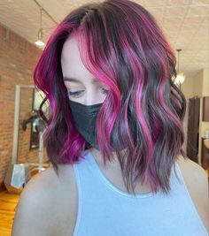 Highlights Brown Hair Half Head, Short Brown Hair With Colored Highlights, Pink Highlights In Black Hair Short, Fushia Hair Highlights, Short Brown Hair With Color, Pink Highlights In Dark Hair, Hot Pink Streaks In Brown Hair, Brown And Colorful Hair