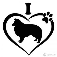 a black and white silhouette of a dog in a heart with paw prints on it