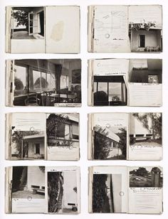 an open book with photographs of houses and trees on it's pages in black and white