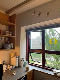 there is a window in the kitchen that looks out onto the yard and trees outside