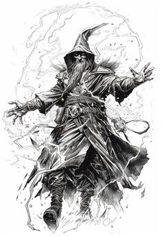 a black and white drawing of a wizard