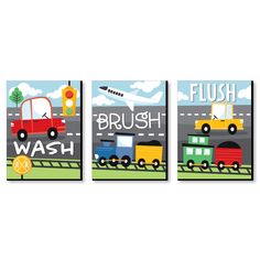 three children's bathroom wall art prints featuring trucks, trains, and traffic lights