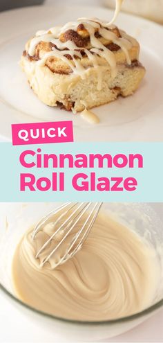 cinnamon roll glaze is being poured into a glass bowl